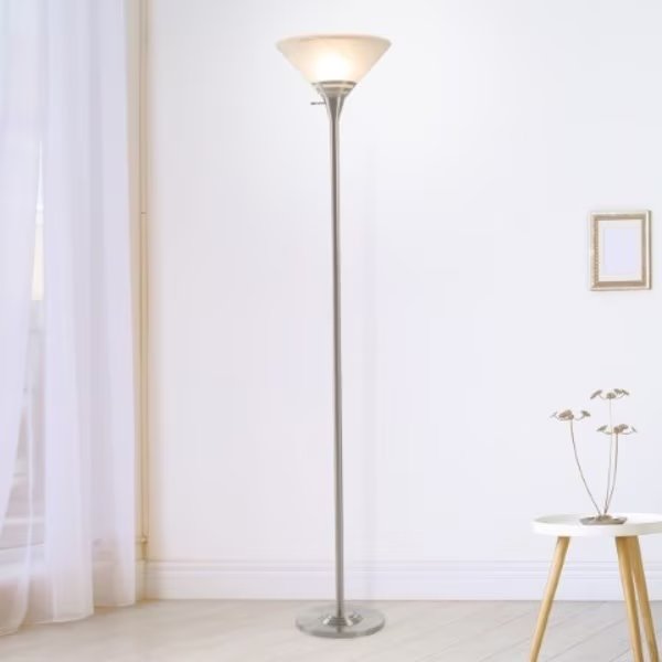 Hastings Home Torchiere Floor Lamp Metal Base and Marbleized Glass with LED Bulb (Brushed Silver), Hastings Home, Mfr#: 187809DXW